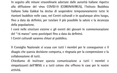 Coronavirus. Comunicato del Consiglio Nazionale Istituto Buddista Italiano Soka Gakkai