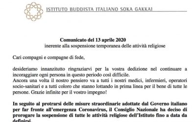 Comunicato del 13 aprile 2020 inerente alla sospensione temporanea delle attività religiose