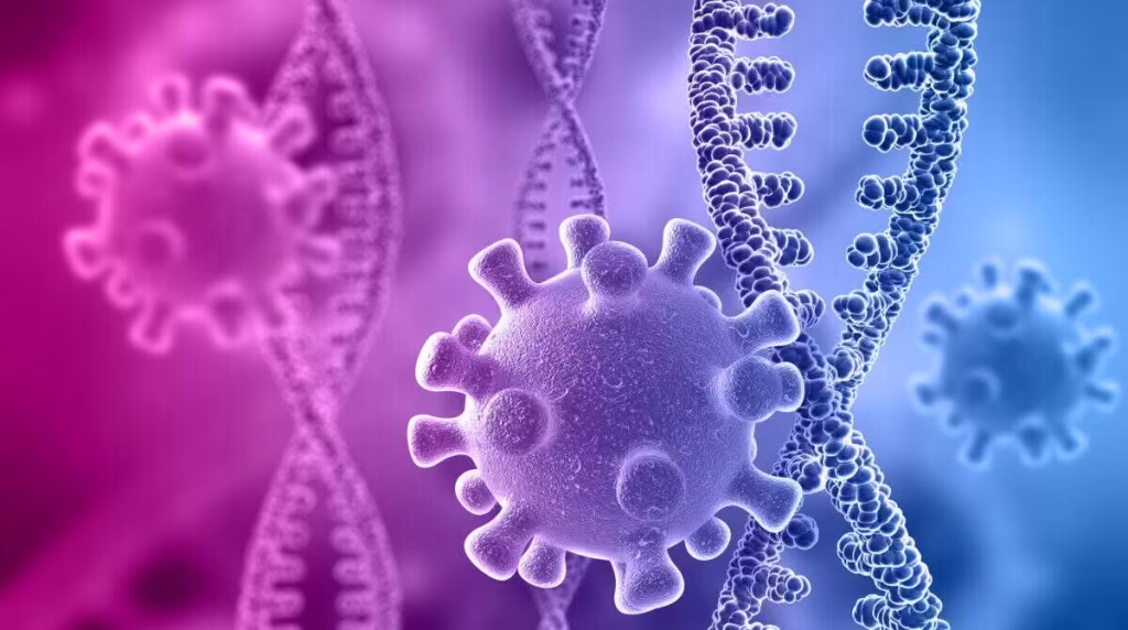 Rendering 3D di uno sfondo medico con filamenti di DNA e cellule virali
