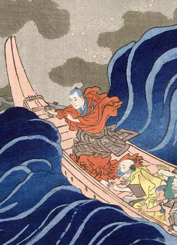 Opera di Utagawa Kuniyoshi: Nichiren calma il mare in tempesta a Tsunoda in esilio sull'isola di Sado