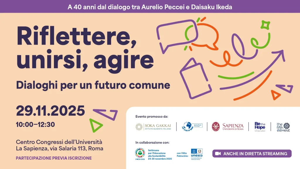 Locandina convegno Riflettere, unirsi, agire: dialoghi per un futuro comune, 29 novembre 2025, ore 10:00-12:30, presso Centro Congressi Università La Sapienza Roma
